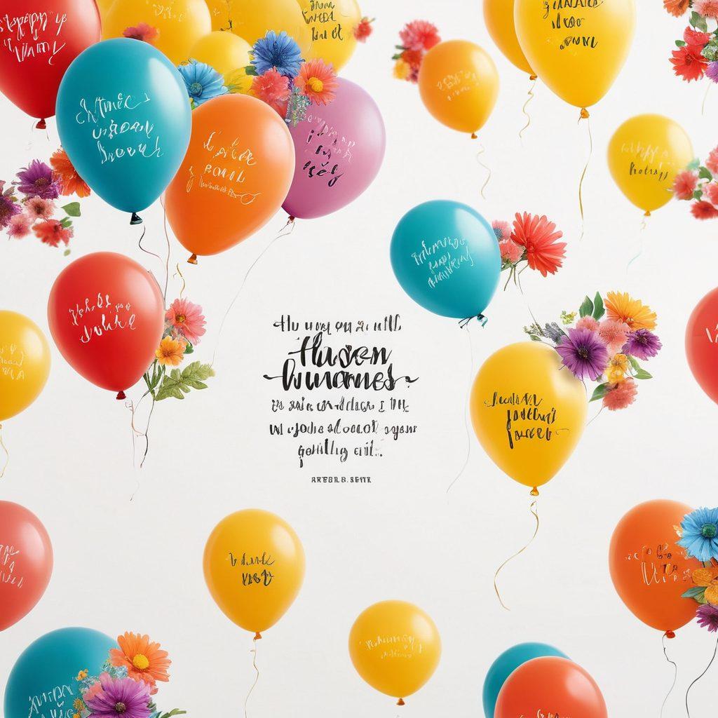 A colorful, whimsical backdrop featuring a variety of cheerful quotes in elegant typography, floating on vibrant balloons. The scene includes smiling sun, playful clouds, and blossoming flowers, all exuding joy and positivity. Include a soft, inviting color palette to evoke happiness and warmth. super-realistic. vibrant colors. white background.