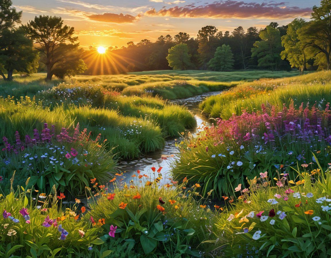 A serene landscape featuring a vibrant sunrise over a peaceful meadow filled with blooming flowers, symbolizing joy and happiness. In the foreground, uplifting quotes artistically woven into the grass and petals, radiating positive energy. Soft, warm colors that evoke a sense of tranquility and cheerfulness. Include a gentle stream flowing through, reflecting the sunlight, and a few butterflies fluttering about. super-realistic. vibrant colors. tranquil atmosphere.