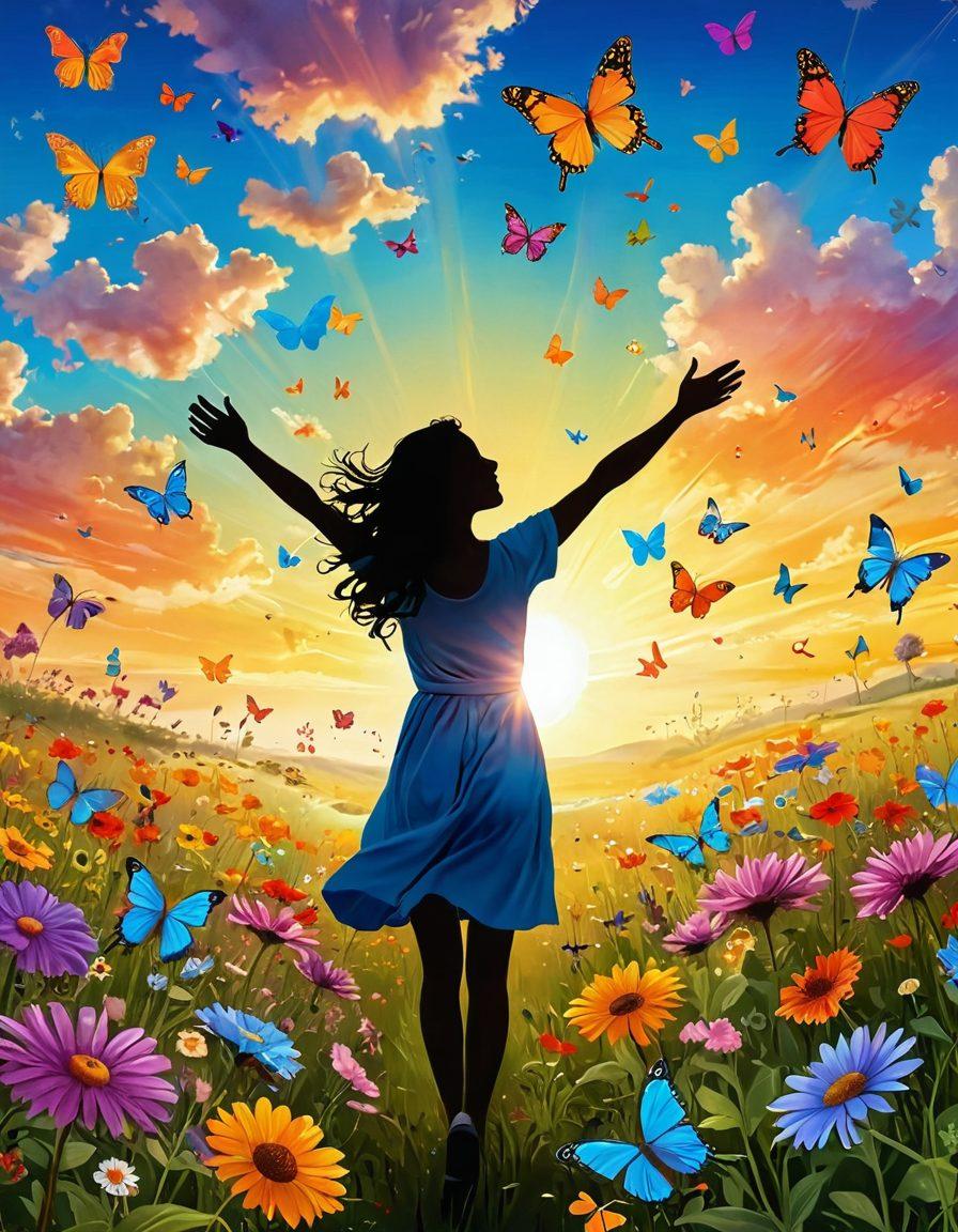 A vibrant, uplifting scene featuring a sunlit meadow with colorful wildflowers and butterflies fluttering around, symbolizing joy and motivation. In the background, a silhouette of a person with arms raised in celebration, surrounded by whimsical speech bubbles containing short inspirational quotes. The overall atmosphere should be warm and inviting, igniting a sense of happiness and inspiration. bright colors. illustration. whimsical style.